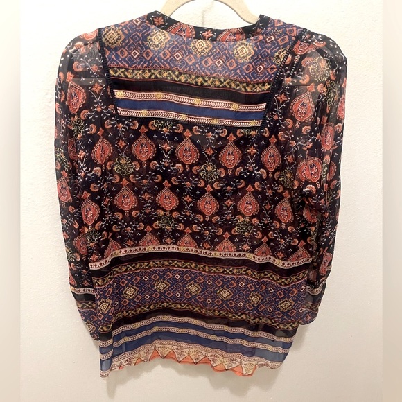 ⚡️SALE⚡️VTG Y2K Boho Multicolor Black Semi Sheer Long Sleeve Blouse Top Festival - Picture 2 of 2